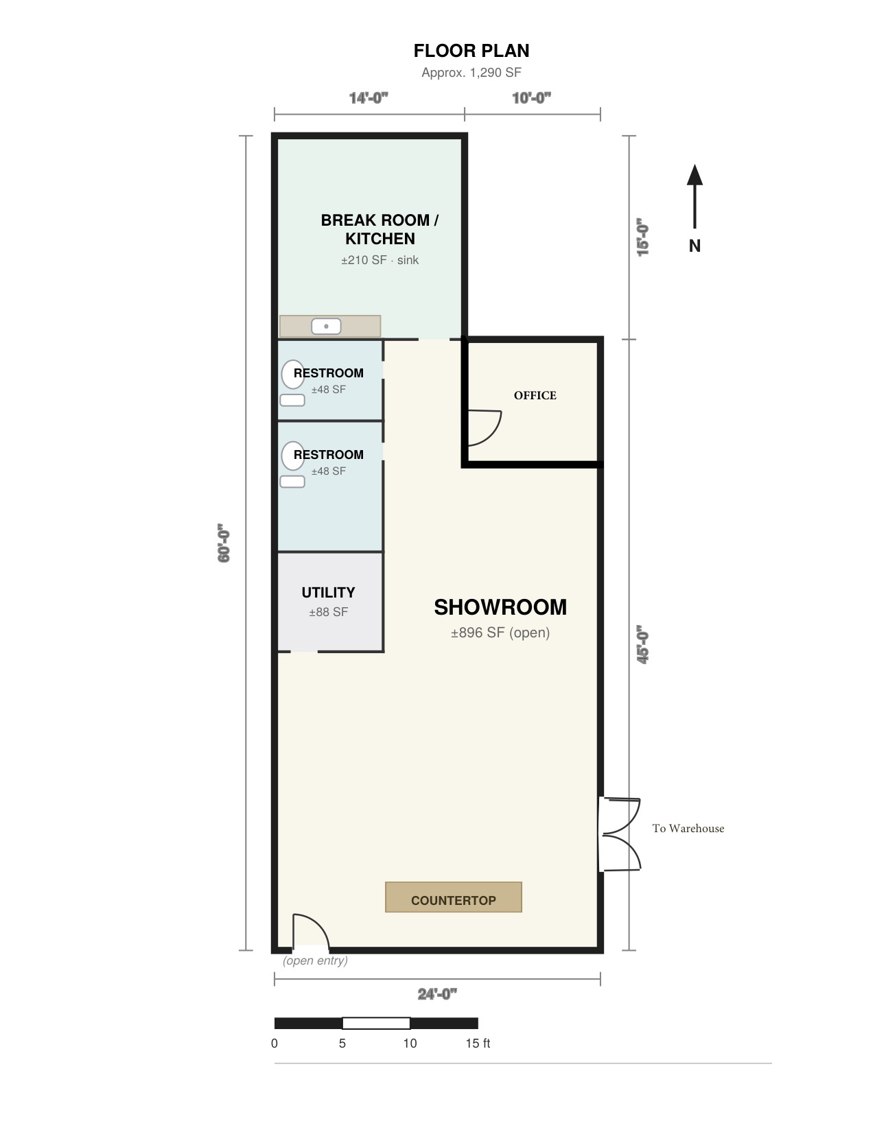 Office floor plan — office, showroom, break room, restrooms, utility